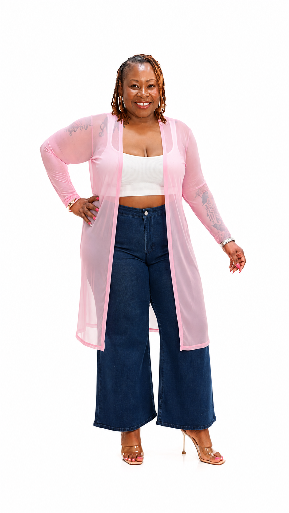 Plus Size Mesh Solid Side Slits Long Sleeve Cardigan