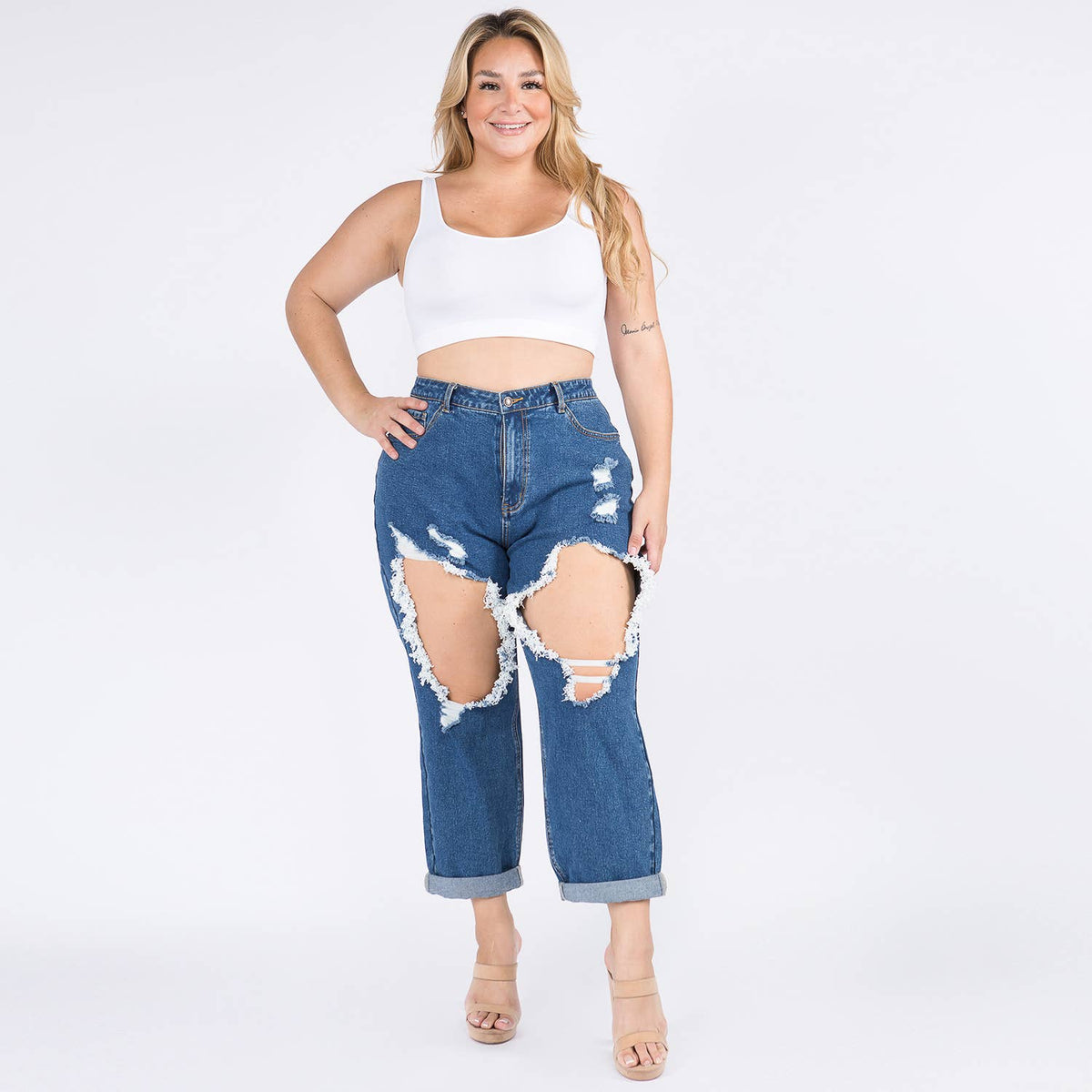 PLUS SIZE HIGH WAIST CUT OUT STRAIGHT JEANS-RJH8264P
