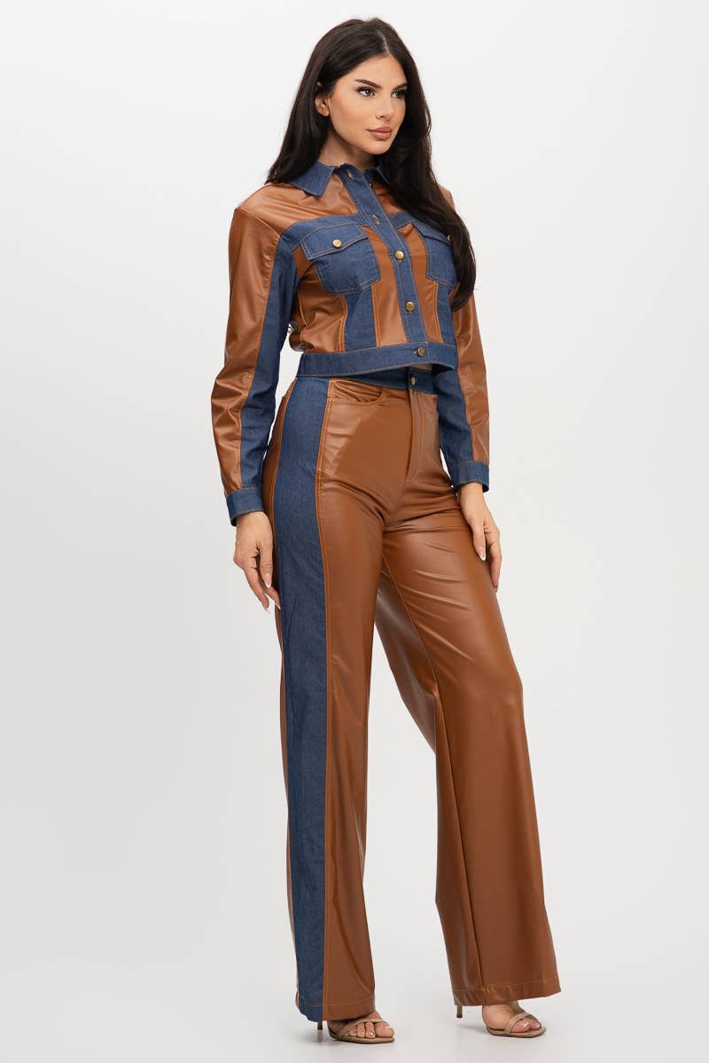 Plus Pu Denim Contrast Jackets And Pants Set