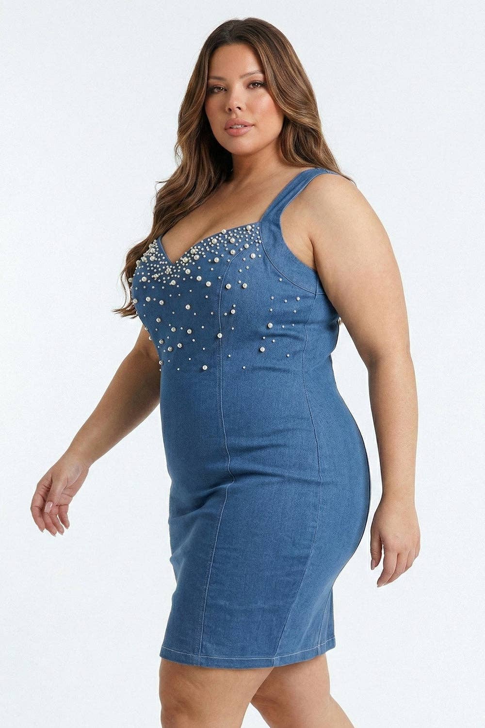 PEARL BEADED TOP DENIM PLUS SIZE MINI DRESS