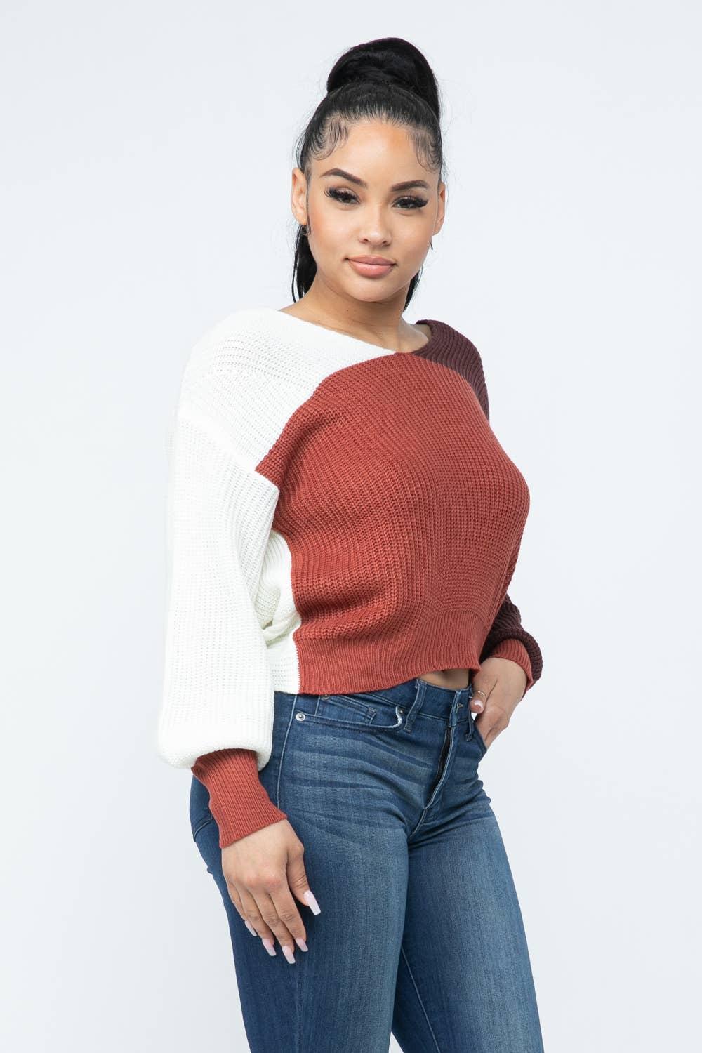 Color Block Twisted Open Back Loose Fit Cozy Sweater