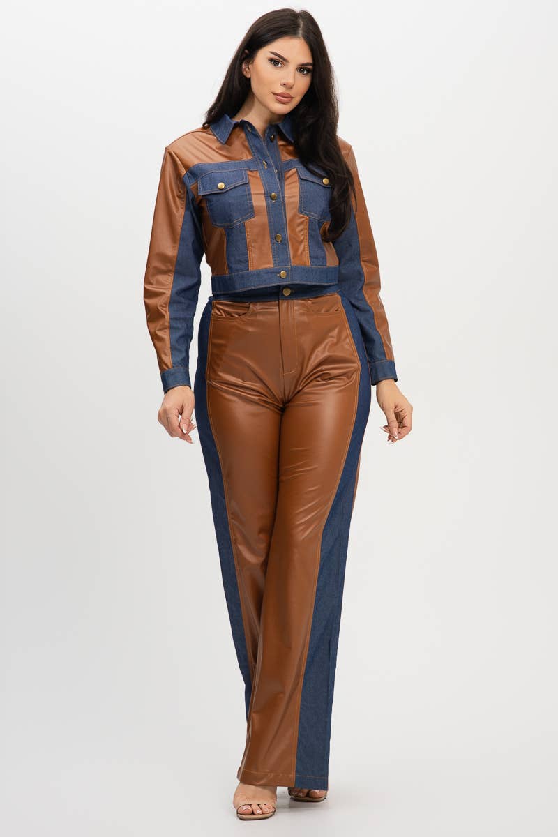 Plus Pu Denim Contrast Jackets And Pants Set
