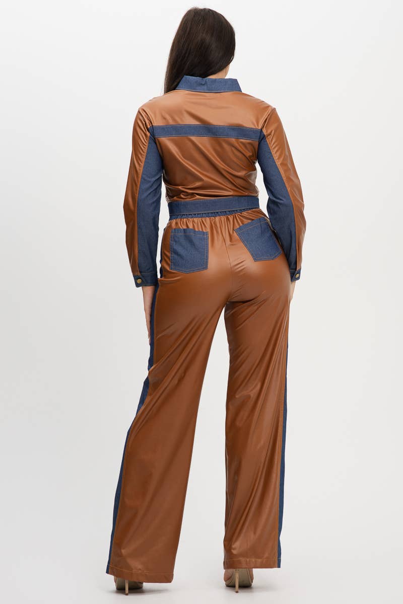 Plus Pu Denim Contrast Jackets And Pants Set