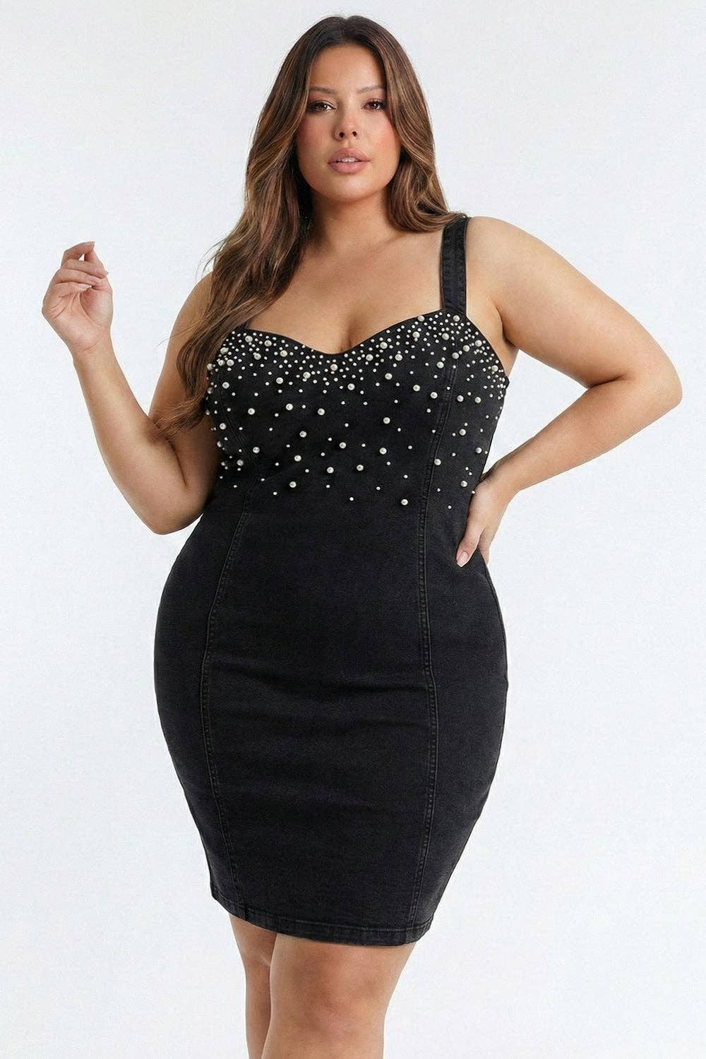PEARL BEADED TOP DENIM PLUS SIZE MINI DRESS