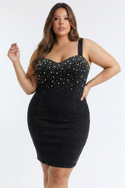 PEARL BEADED TOP DENIM PLUS SIZE MINI DRESS