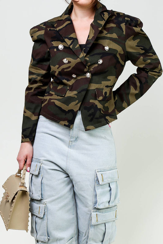 Camo Print Puff Sleeve Blazer Jacket for Women