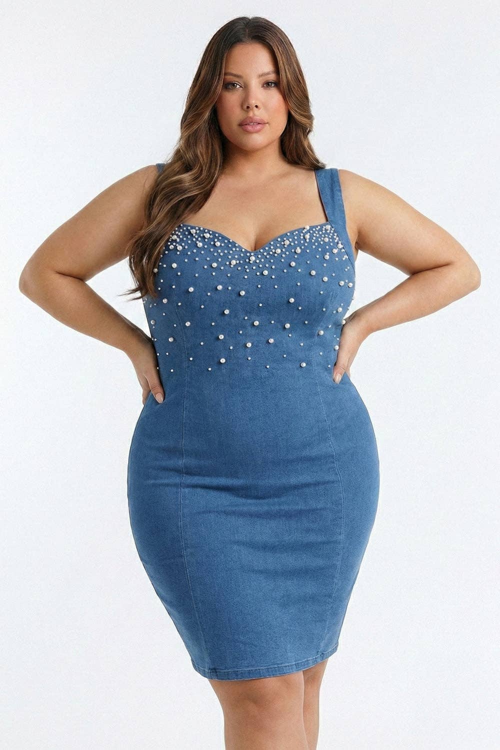 PEARL BEADED TOP DENIM PLUS SIZE MINI DRESS