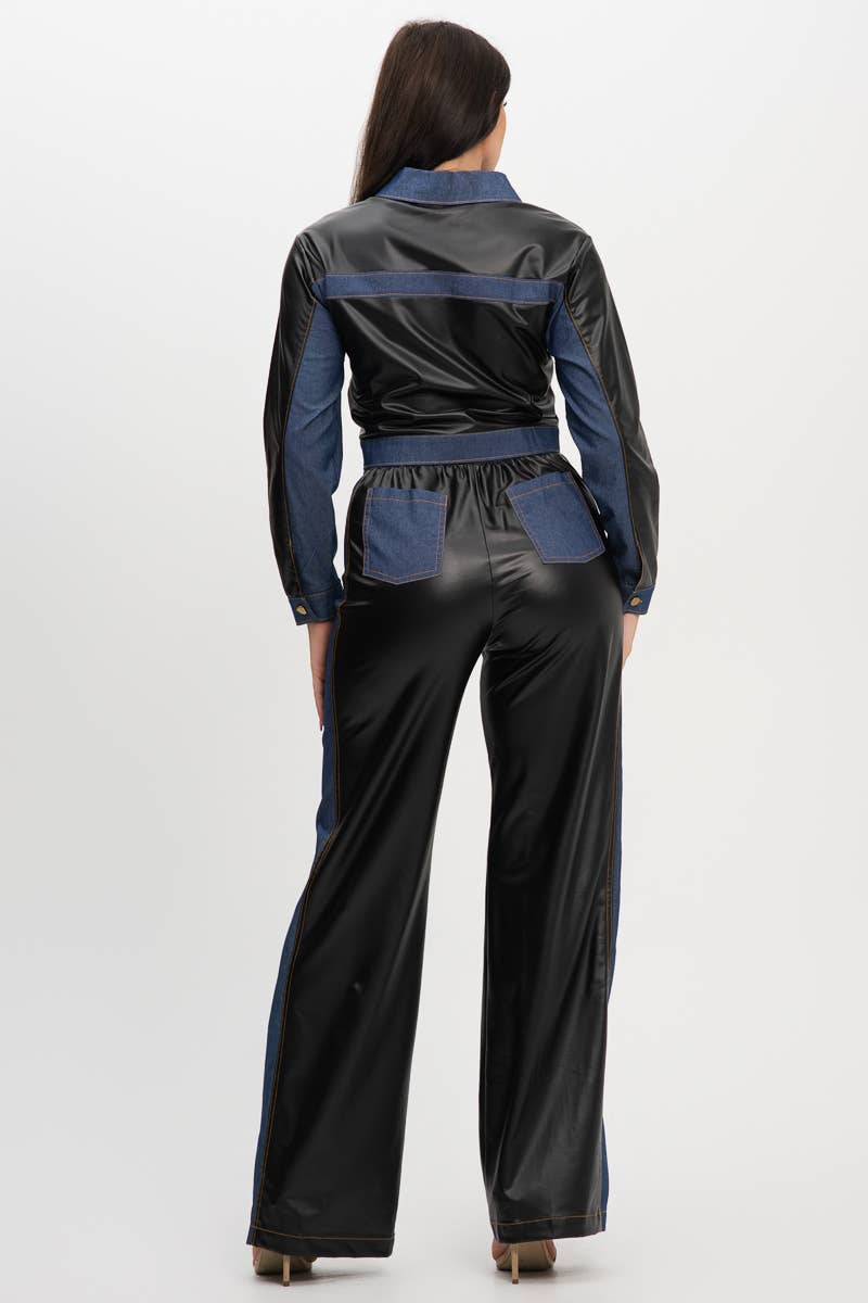 Plus Pu Denim Contrast Jackets And Pants Set