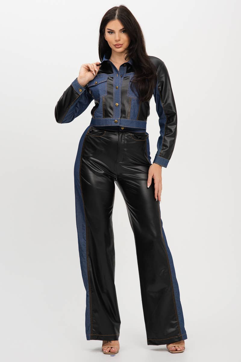 Plus Pu Denim Contrast Jackets And Pants Set