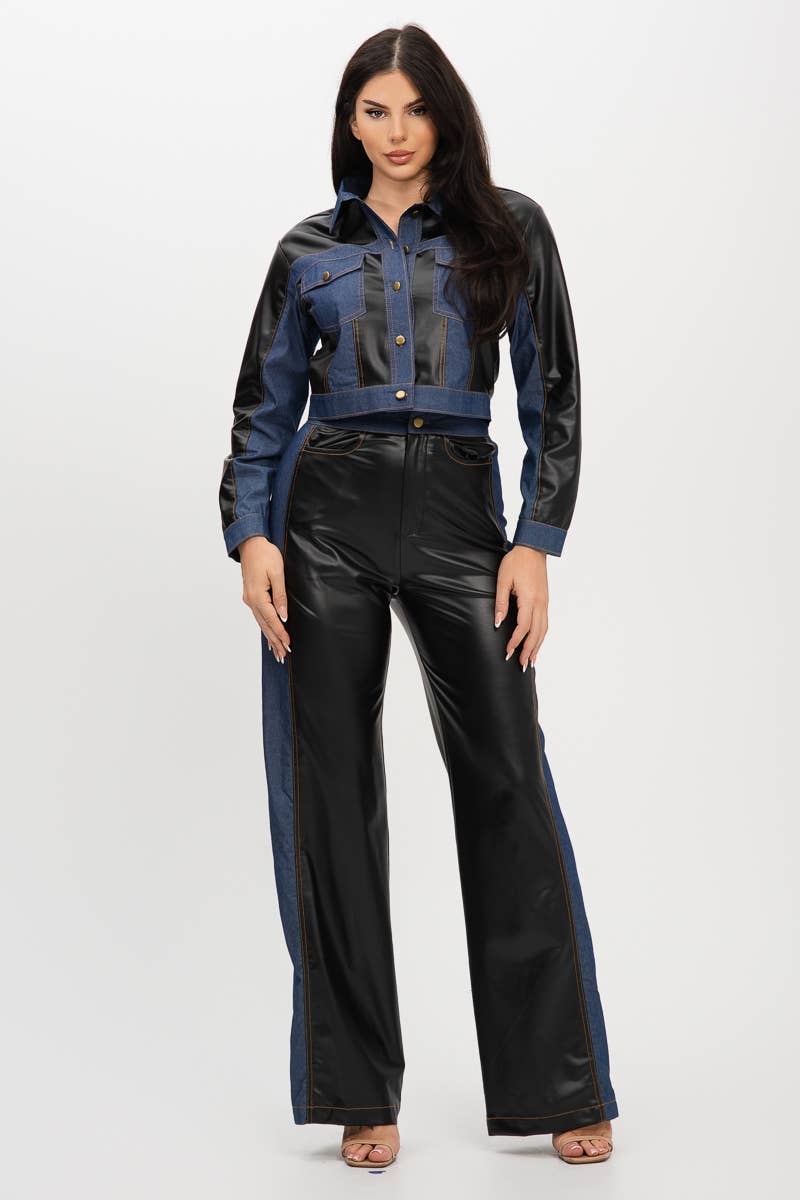 Plus Pu Denim Contrast Jackets And Pants Set