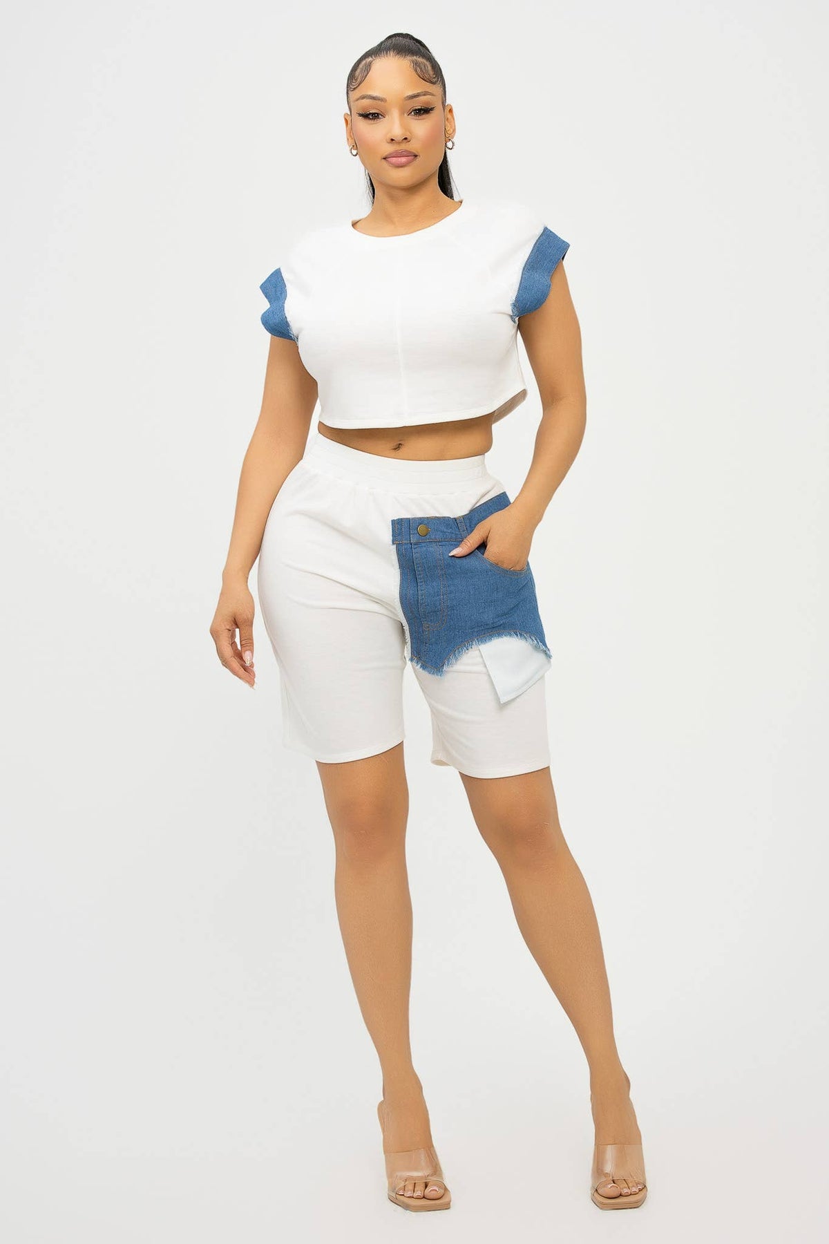 Color Block Denim Sleeve Top And Biker Shorts Set