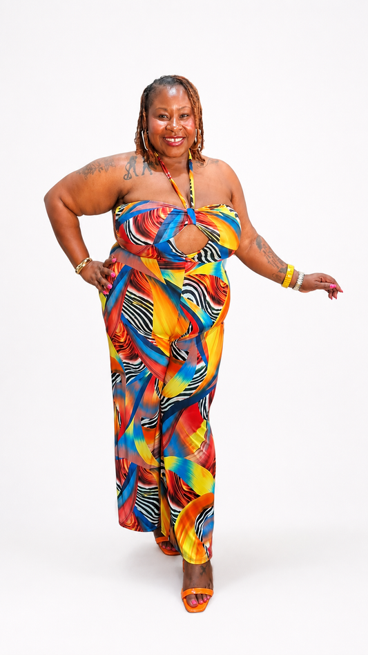 PLUS SIZE MULTI PRINT HALTER JUMPSUIT