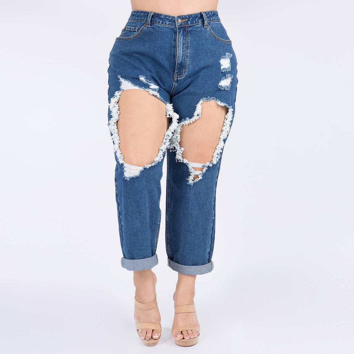 PLUS SIZE HIGH WAIST CUT OUT STRAIGHT JEANS-RJH8264P