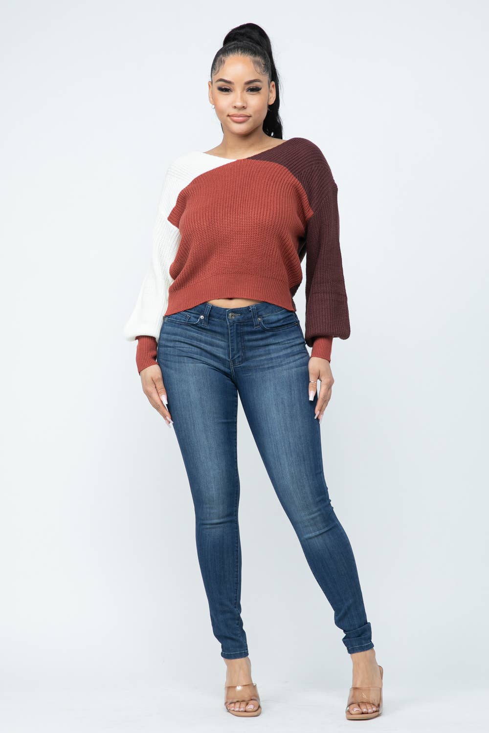 Color Block Twisted Open Back Loose Fit Cozy Sweater