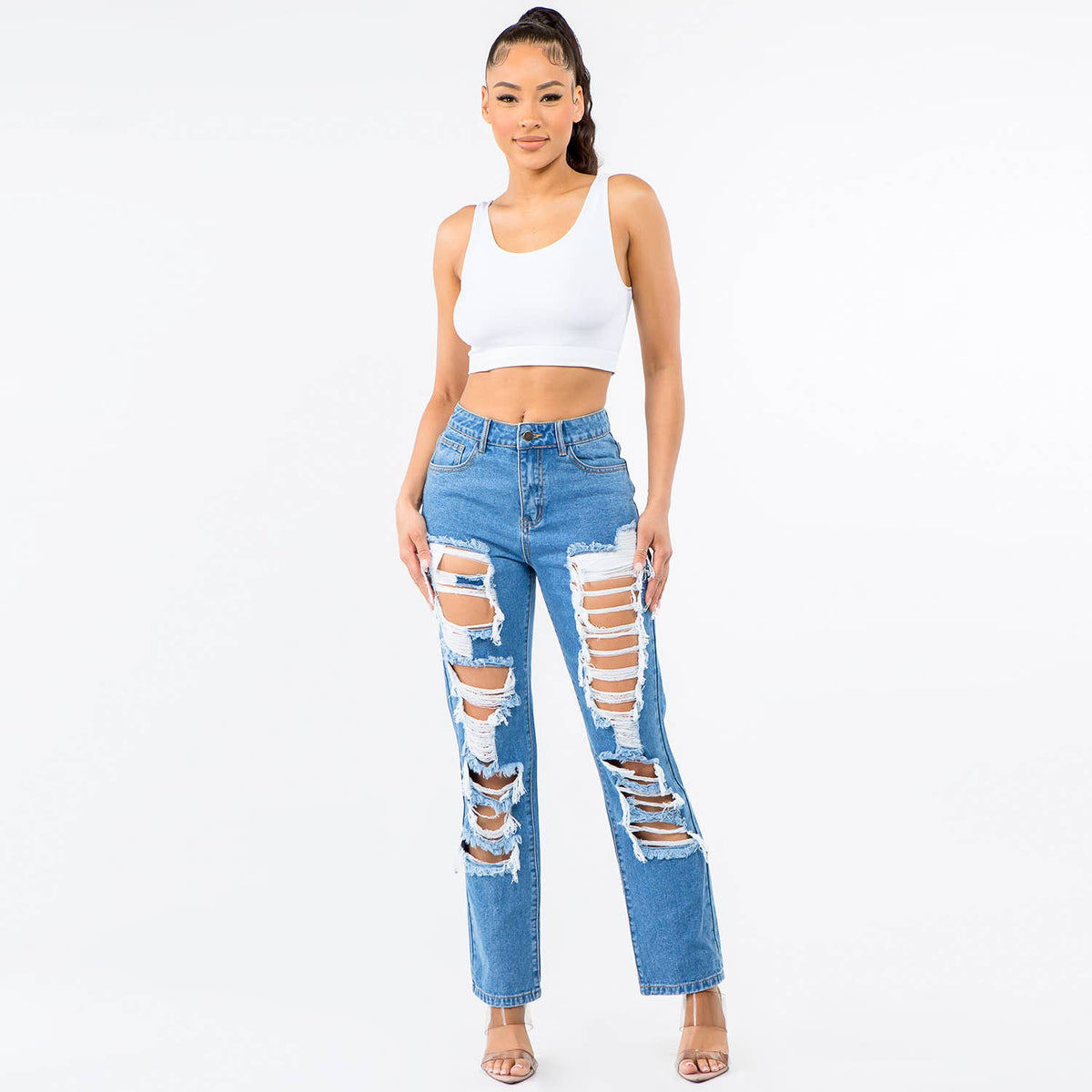 HIGH WAIST DISTRESSED STRAIGHT JEANS-RJH30315